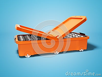Modern orange portable refrigerator for drinks in aluminum cans 3d render on blue background with shadow Stock Photo