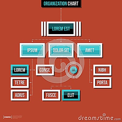 Modern organization chart template in flat style on red background Vector Illustration