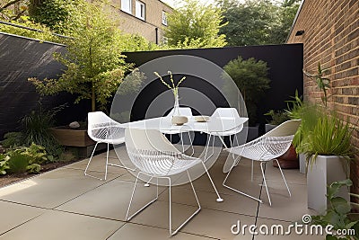 modern outdoor seating area with sleek metal and plastic furniture Stock Photo