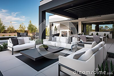 modern outdoor sitting area with plush seating and sleek metal accents Stock Photo