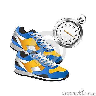 Modern pair of sneakers for sport and silver timer Vector Illustration
