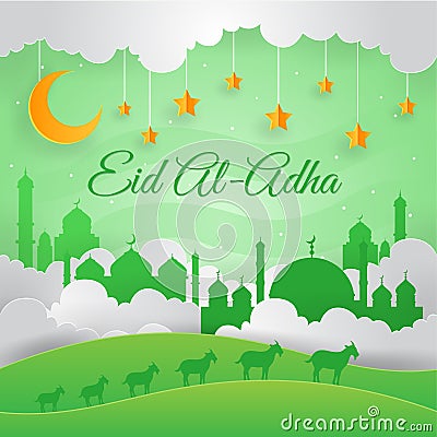 Modern Paper Art Islamic Eid Al-Adha Card Illustration Vector Illustration