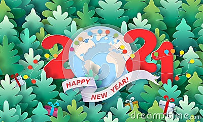 Modern paper cut banner with Earth globe and 2021 numbers Vector Illustration