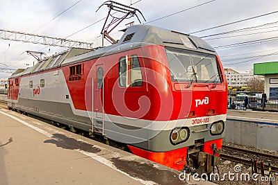 Modern passenger trains in Russia at the station in Moscow Editorial Stock Photo