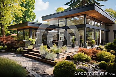 Modern passive house with solar panels, driveway, and landscaped yard in suburban area Stock Photo