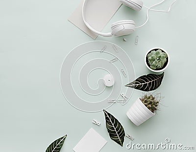 Modern Pastel Hipster Flat Lay With Pots with Cactus, headphones Stock Photo