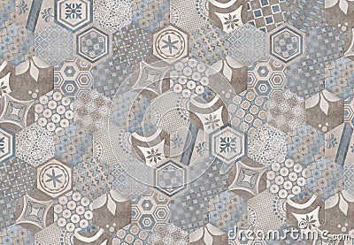 modern Patchwork tiles. Portuguese and Spain decor. Hexagon pattern. Stock Photo