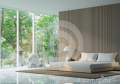 Modern peaceful Bedroom in the forest Stock Photo