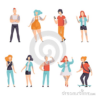 Modern People with Tattoos Set, Men and Women with Tattoos on Different Parts of Body Vector Illustration Vector Illustration