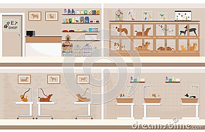 Modern pet shop with cages of animal. Vector Illustration