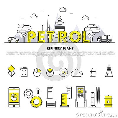 Modern petrol industry thin block line flat icons and composition with gas station technology and development gasoline program Stock Photo