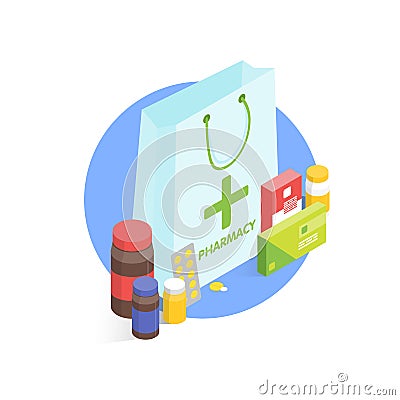 Modern pharmacy and drugstore concept. Isometric Vector simple illustration Vector Illustration