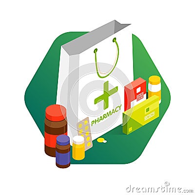 Modern pharmacy and drugstore concept. Sale and discount of vitamins and medications. Vector simple illustration. Cartoon Illustration