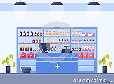 Modern pharmacy interior with shelves with medicaments and drugs. Vector Illustration