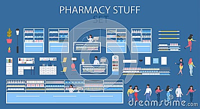 Modern pharmacy interior stuff with shelves and visitors set. Vector Illustration