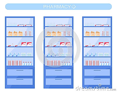 Modern pharmacy shelves with medicaments and drugs. Vector Illustration