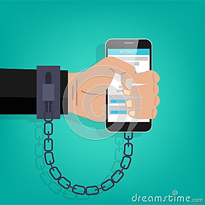 Modern phone internet and social networks addiction metaphor. Businessman hand chained symbol illustration Vector Illustration