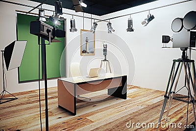 Modern photo studio with furniture and old style movie camera Stock Photo