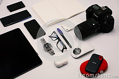 Modern photography equipment over white table background Editorial Stock Photo