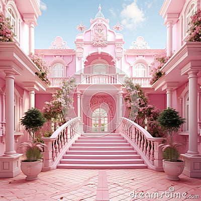 Modern pink house with staircase entrance, barbie concept background Stock Photo