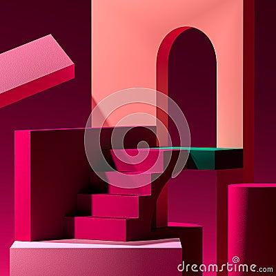 Pink Showcase With Abstract Colorful Figures. Empty Space. Copy Space. Abstract Pattern. 3d rendering Stock Photo