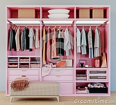 Modern pink wardrobe with clothes hanging on rail in walk in closet design interior Stock Photo