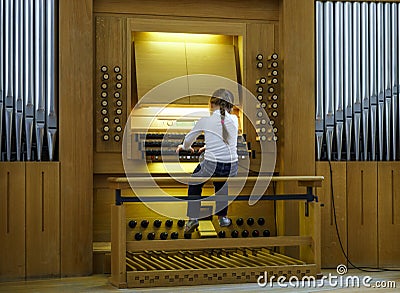 Modern pipe organ in renovated building of conservatory Stock Photo