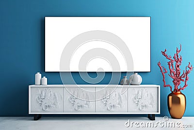 a modern plasma TV stands on a blue background with white living room furniture , generated by AI Stock Photo