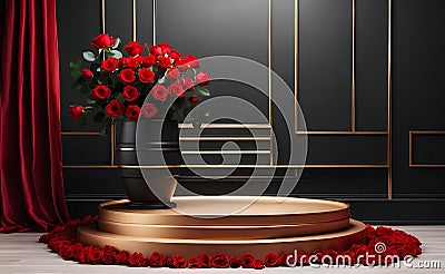 A modern podium with red rose background Stock Photo