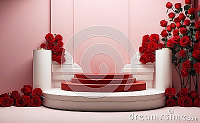 A modern podium with red rose background Stock Photo