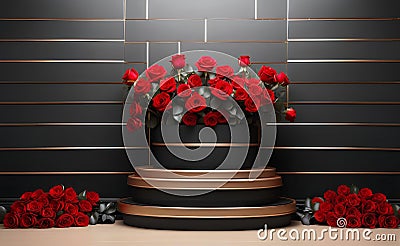 A modern podium with red rose background Stock Photo