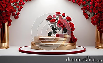 A modern podium with red rose background Stock Photo