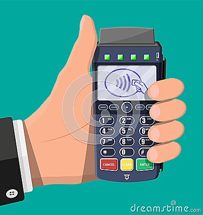 Modern POS terminal in hand Vector Illustration