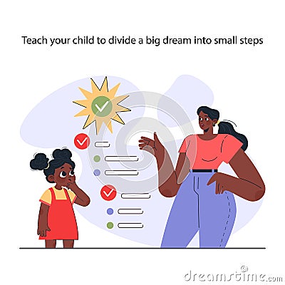 Modern positive parenting. Mother helping a child to conquer fears Vector Illustration