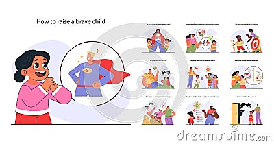 Modern positive parenting set. How to raise a brave child. Parents helping Vector Illustration