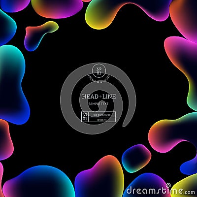 Modern Poster with Colorful Bubbles Frame on Black Background. Abstract Vector Frame. Rainbow Background with Shapes. Stock Photo