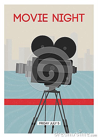 Modern poster or flyer template for movie night, premiere or cinema festival show time with retro film camera or Vector Illustration