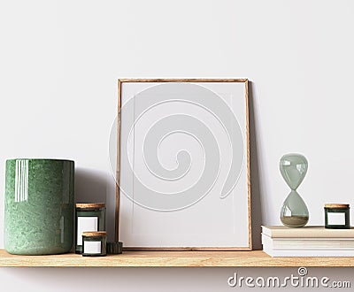 Modern poster frame mockup, minimal room design on white interior background, wooden frames mock up Stock Photo