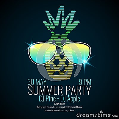 Modern poster summer party with a pineapple wearing sunglasses Vector Illustration