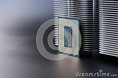 Modern, powerful personal computer processor and a massive radiator to cool it. Heat dissipation, thermal conductivity and Stock Photo