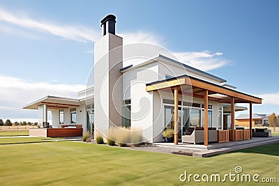 modern prairie house, sleek design, central chimney, green grass around Stock Photo