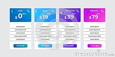 Modern pricing plans template elements vector. Isolated pricing or subscription plan for website or app. Pricing table compare web Vector Illustration