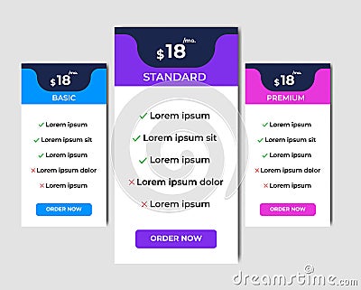 Modern pricing plans template elements vector. Isolated pricing or subscription plan for website or app. Pricing table compare web Vector Illustration