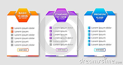 Modern pricing plans template elements vector. Isolated pricing or subscription plan for website or app. Pricing table compare web Vector Illustration