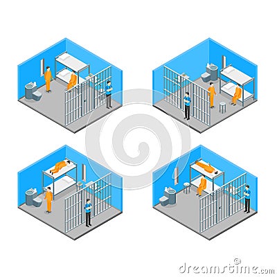 Modern Prison Interior with Furniture and People Isometric View. Vector Vector Illustration