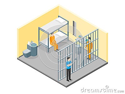 Modern Prison Interior with Furniture and People Isometric View. Vector Vector Illustration