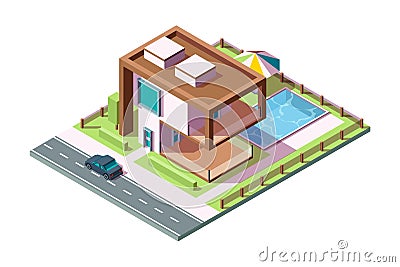 Modern private house. Luxury building residential exterior with grass car pool vector isometric home low poly 3d Vector Illustration