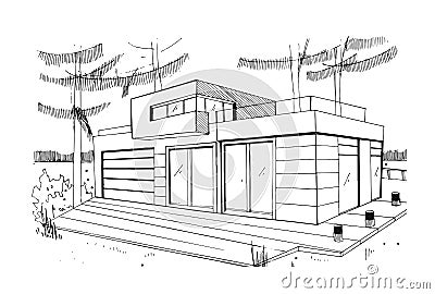Modern private residential house. Hand drawn, contour, black and white sketch illustration. Vector Illustration