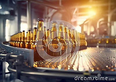 Modern production line on beer factory conveyor with brown glass bottles.Macro.AI Generative Stock Photo