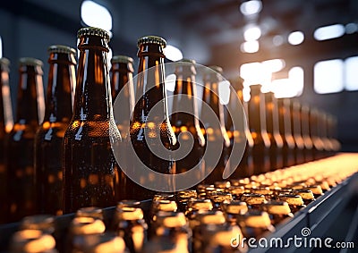 Modern production line on beer factory conveyor with brown glass bottles.Macro.AI Generative Stock Photo